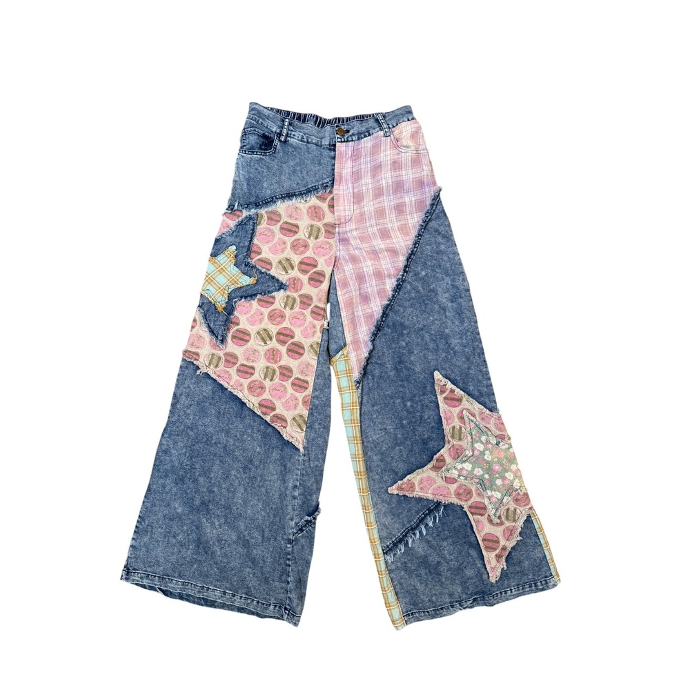 Blue Velvet Patchwork Star Acid Wash Wide Leg Jeans 100% Cotton Size S